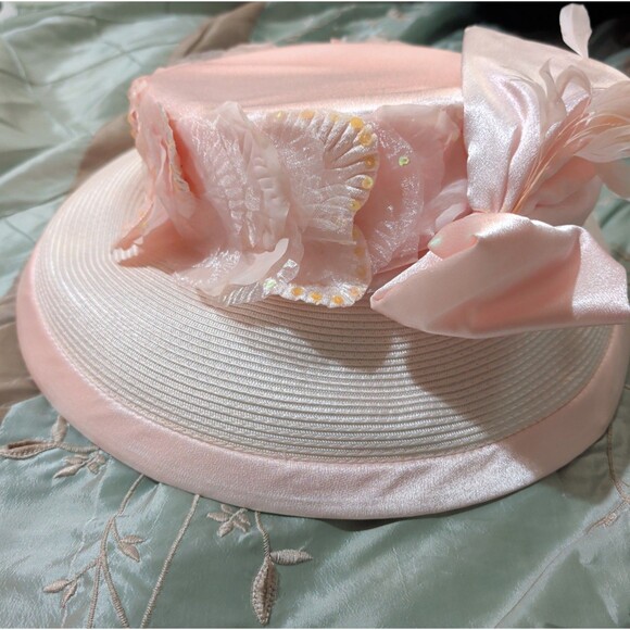 Whittall & Shon Accessories - Whittall Shon Pink Derby Hat Bow Sequin Feather Woven Vintage Style